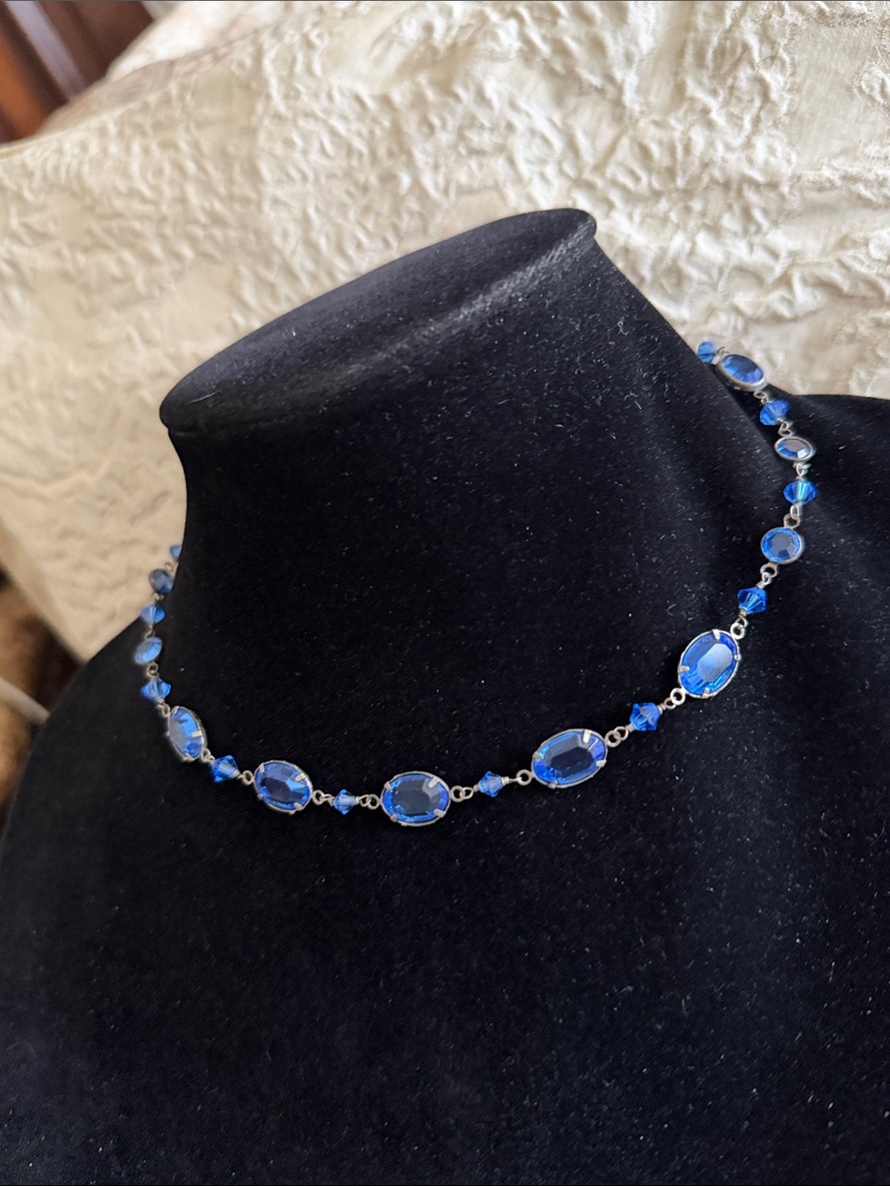 Gorgeous blue crystal necklace sterling silver oxidized hand made vintage - Picture 5 of 13